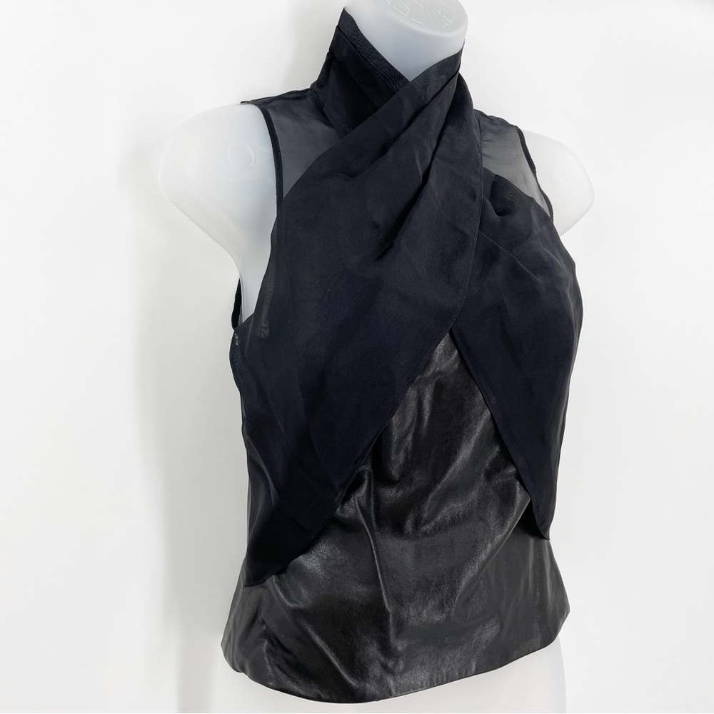 SALLY LAPOINTE Black Top Leather Mesh High Neck Sleeveless Zip Closure Size 2